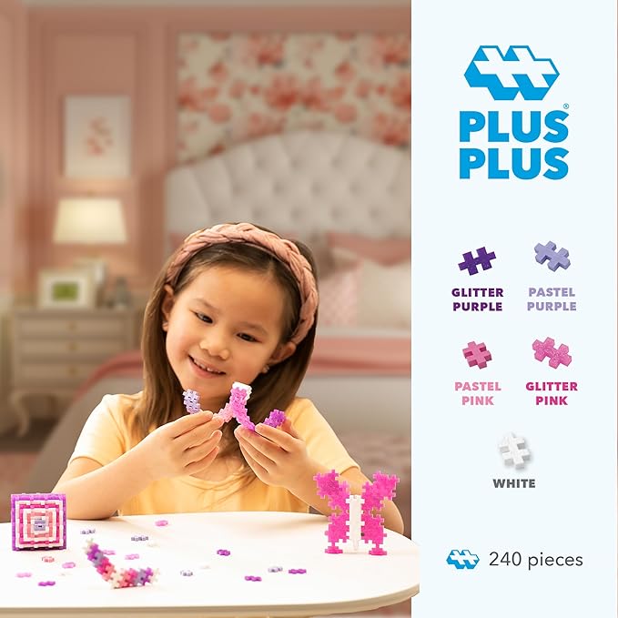PLUS PLUS 240 Piece Interlocking Building Blocks for Kids, Open Ended Connecting Toys, Stem Bin Classroom Mini Manipulatives - Glitter Mix Play Tube