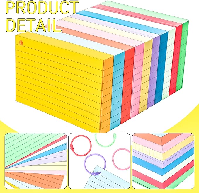 1200PCS Colored Index Cards 3x5 Inch Flash Cards with Rings Lined Note Card Flashcards, Colorful Ruled Card Pad Index Note Books 3 x 5 Notecards for Studying School Supply College Office
