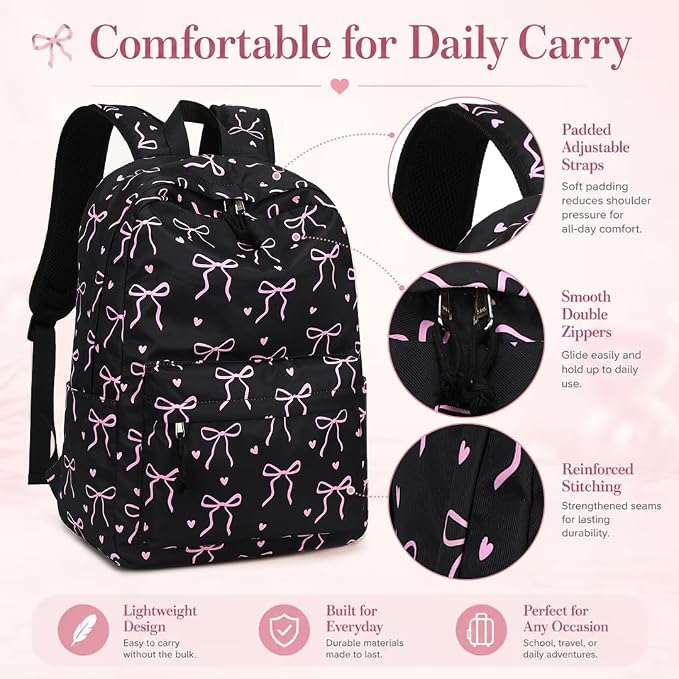 LOIDOU Backpack for Girls School Backpacks Bookbags for Elementary Middle School Women Laptop Backpacks (Bow tie Black, L-17)