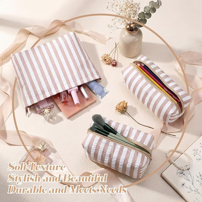 Huhumy 3 Pcs Makeup Bag Set Cute Cosmetic Pouch for Women Aesthetic Seersucker Travel Toiletry Bag Set Preppy Small Makeup Purse Pouch Wide Stripe Cosmetic Organizer Pencil Case with Zipper(Khaki)