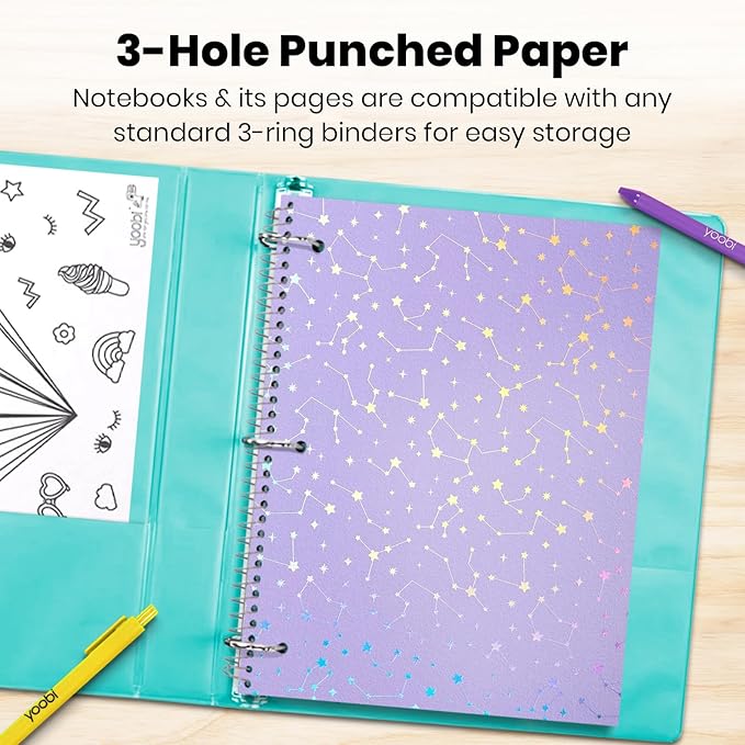 Yoobi College Ruled 8 x 10.5” Spiral Notebook Set – 3-Pack of 1 Subject Notebooks, Pink, Purple & Black Celestial Patterns – 150 Perforated 3-Hole Punched Sheets