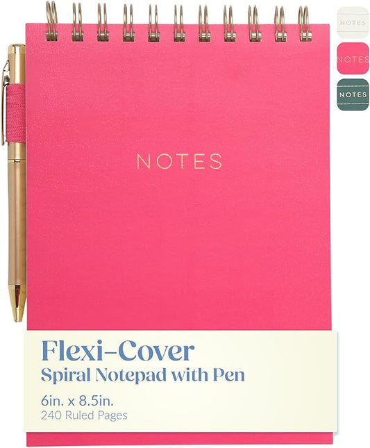 Eccolo Lined Top Spiral Notebook, Flexi-Cover Steno Pad with Pen Included and Pen Loop (240 Perforated Pages), "Notes" A5 Notepad Ideal for Note Taking in School, College or Work (Pink, 6x8.5 Inches)