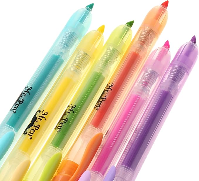 Mr. Pen- Retractable Highlighters, 6 Pack, Pastel Colors, Chisel Tip Highlighter Marker Set, Click Highlighter Markers for Classroom, Journaling, Study Supplies, No Bleed On Standard Pages