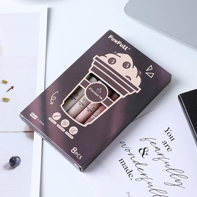 Aesthetic Cute Stick Rollerball Pens, Colored Ink Gel Pen, Quick Dry Colored Liquid Ink Pens, 0.5mm Fine Point Coffee Pens Soft Touch Smooth Writing for Journaling School Supplies (8 Pack)