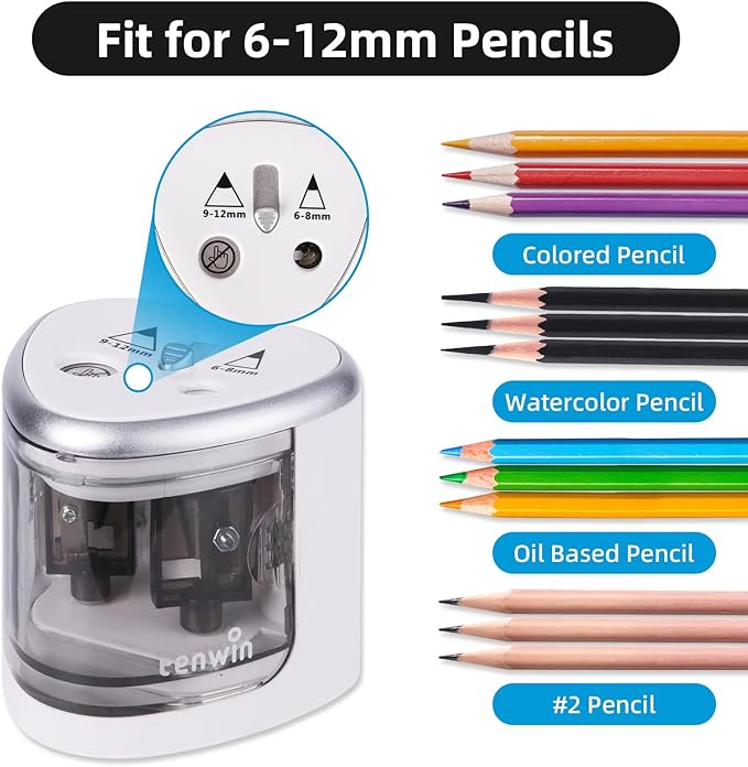 tenwin Electric Pencil Sharpener for Colored Pencils, Battery Operated Pencil Sharpeners for No.2 and 6-12mm Pencils, Dual Hole for Office School Artists Adults Kids Use（Silver）