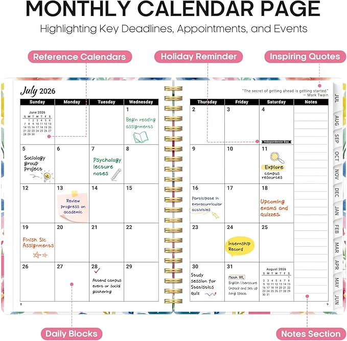 Planner 2026-2027, Academic Year Monthly and Weekly Calendar Planner, Jul 2026 - Jun 2027, Hardcover Teacher Student Planning Agenda book with Tabs, Perfect for School Office Supplies, 6.3" x 8.5" - Bloom Floral