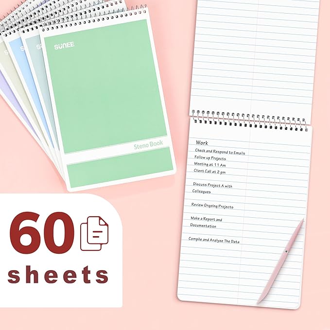 SUNEE 12 Pack Steno Pads 6x9 Inch, Gregg Rule, 60 Sheets, 6 Assorted Color Top Spiral Notebook, White Paper for School, University, College, Work and Office