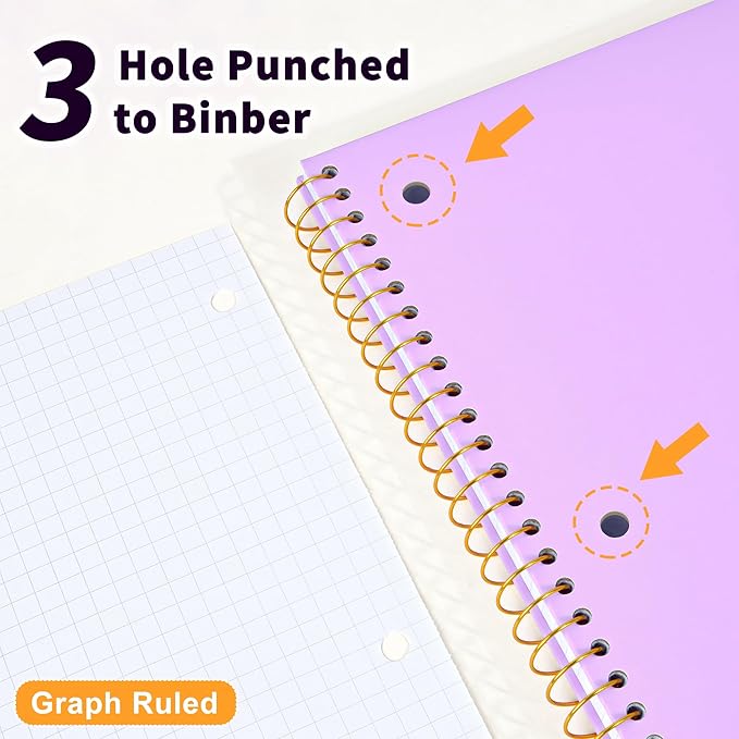 MUAHLIUB Graph Paper Notebook,1 Subject 80GSM Thick Grid Paper Notebook 8" x 10-1/2",Hardcover Spiral Notebooks for School Work Women Men, Graphing Notebook Journal for Writing,3-Hole Punched Purple