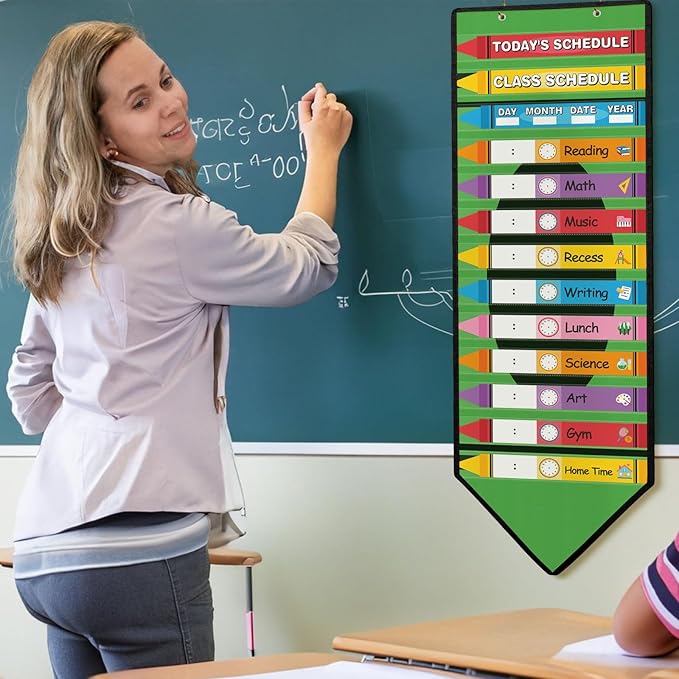 Fullhawl 45 Pcs Crayon Theme Daily Schedule Pocket Chart for Classroom, 13+1 Pockets Kids Schedule Teaching Scheduling Pocket Chart with Cards for Back to School Classroom Decoration