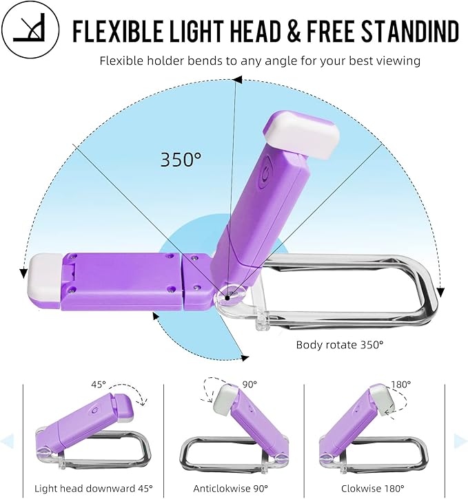 EGWASER Book Light for Reading in Bed, USB Rechargeable Clip on Book Lights, 3 Brightness Adjustable Dimmable Bookmark Light for Eye-Protection, Reading Lamp for Bookworms, Travel (Purple)