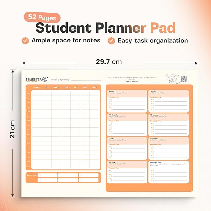 Semester Student Planner Pad - A4 Undated Daily and Weekly Planner with 52 Tear-Off Pages - To Do List Notepad with Gratitude & Focus Sections, Motivational Quotes & Students Task Prioritization 2026 Planner