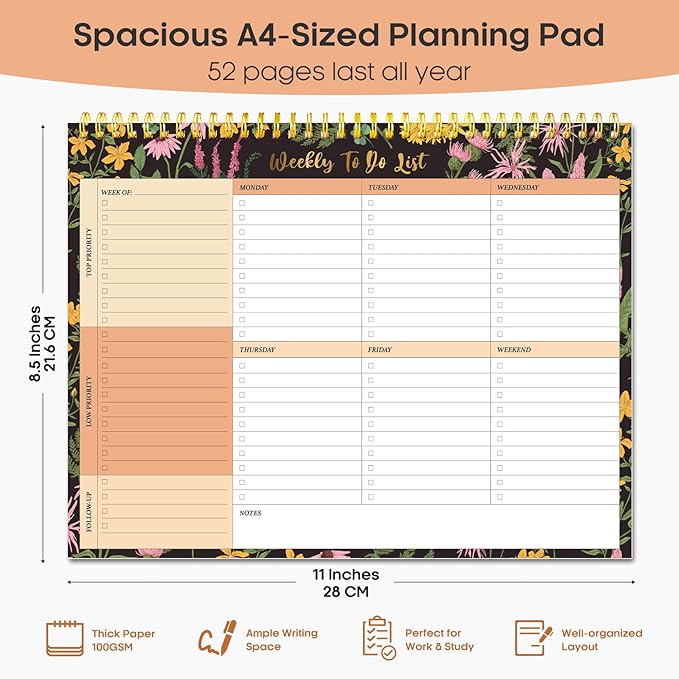 Taja Weekly To Do List Notepad with 52 Undated Sheets（8.5"×11"）- Weekly Desk Planner for Women & Man, Work and Home - 1 Pack Amber Garden