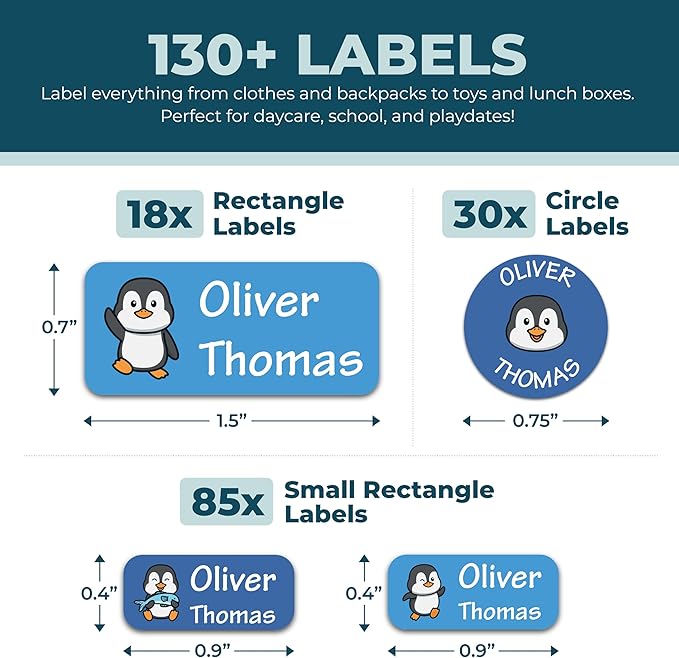 Bunny Badges Personalized Daycare Name Labels for Kids (130 Labels) - Custom Waterproof Name Stickers for Clothing Tags, Water Bottles, Lunch Boxes and School Supplies (Penguins)