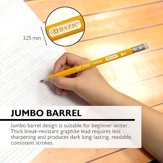 BAZIC Pencil Wood Pre-Sharpened #2 HB Jumbo Pencils, Latex Free Eraser, Premium Wood Pre Sharpened Yellow Pencils for School Office (4/Pack), 1-Pack