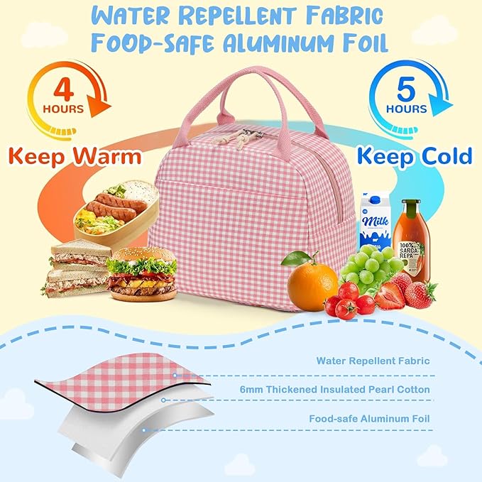 CAMTOP Lunch Box Kids Insulated Lunch Bag Large Reusable Leakproof Cooler Lunch Bags for Boys Girls School Travel Picnic (Pink and White Checkered)