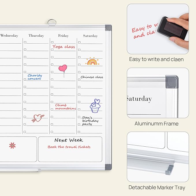 ONAVIA Weekly Calendar Whiteboard for Wall, 36" x 24" Big Dry Erase Board, Hanging Double-Sided White Board with Hourly Slots, for Planning, Memo, to Do List, Home, Office