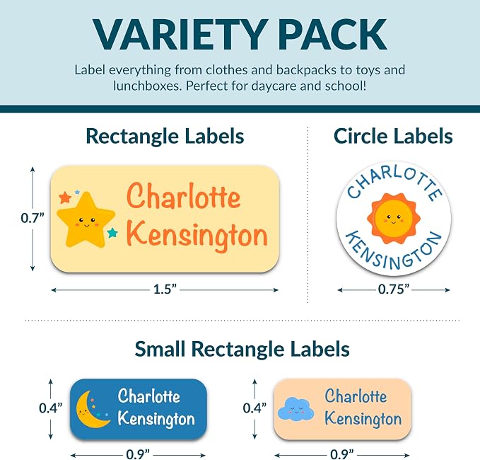 Personalized Waterproof Name Labels for Kids | Optional Packs 50, 150, 230 Labels | Custom Name Stickers for Kids' Clothing Tag, Water Bottle, Lunch Box, Customize Kid Name Label for Daycare Sky