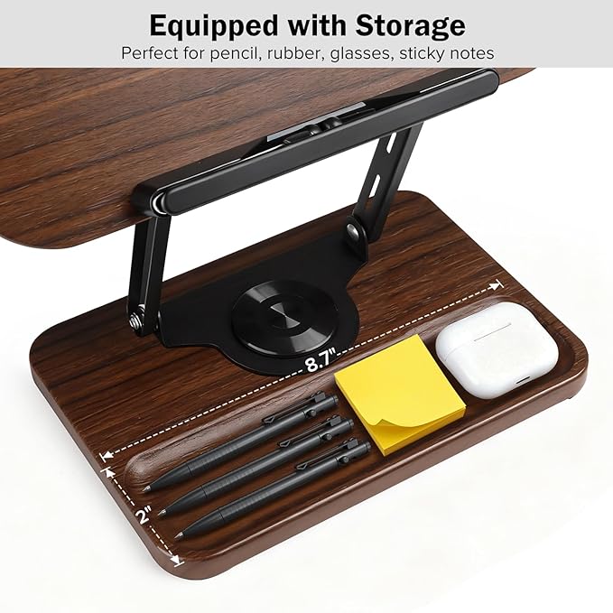 Book Stand with Light & Storage, Book Holders for Reading Hands Free, Wooden Cookbook Stand with Adjustable Height & 360 °Angle for Recipe,Magazine,Laptop,Tablet, Bible