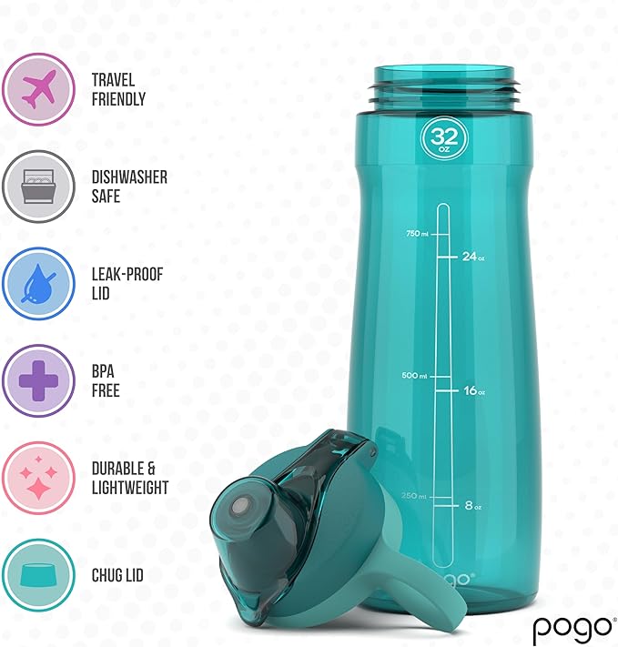 Pogo BPA-Free Plastic Water Bottle with Chug Lid, 32 Oz, Quetzal Teal