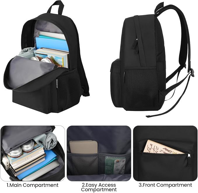 ZUBOND Unisex Black Backpack for School & Travel - Lightweight Laptop Backpack Fits 15.6 Inch Notebook, Water Bottle Pocket - Ideal for Teens, College Students, Adults