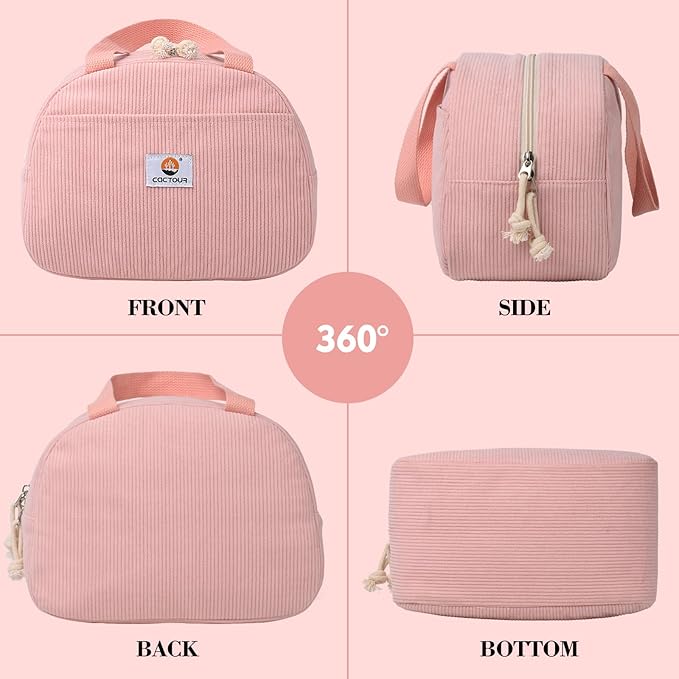 CaCTOUR Lunch Box Lunch Bag for Women Girls Teens, Cute Lunch Box Cooler Bag, Portable Small Insulated LunchBox Reusable Corduroy Lunch Tote for Work/Travel/Picnic/School(Pink)