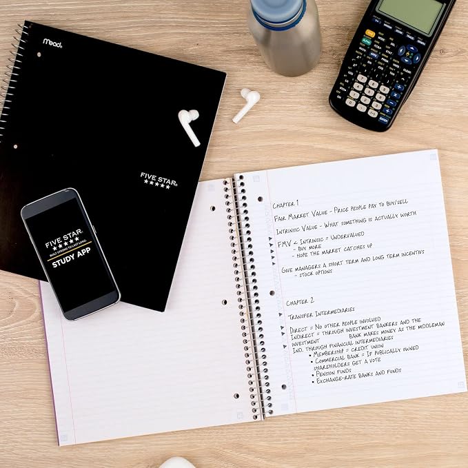 Five Star Spiral Notebook + Study App, 3 Subject, College Ruled Paper, Fights Ink Bleed, Water Resistant Cover, 8-1/2" x 11", 150 Sheets, Black (72069) (Pack of 2)