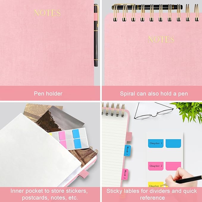 Aesthetic Top Spiral Notebook, A5 Linen Hardcover Top Bound Steno Pads, 240 Pages 100gsm Thick Lined Paper Left Handed Notebook Journal for Work, School, Church Writing - Pink, 5.9" x 8.5"