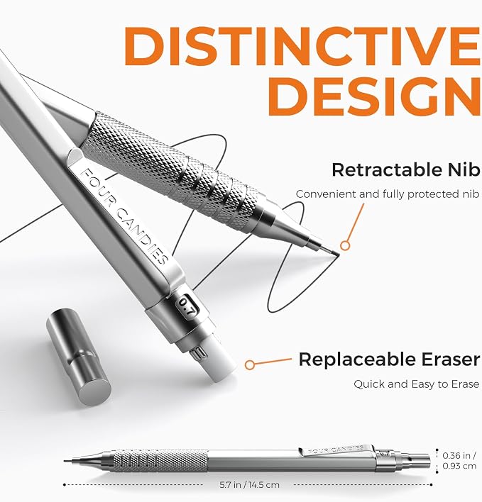 2PCS Metal Mechanical Pencil Set, 0.5mm+0.7mm, Storage Case, Silver | 360PCS HB Lead Refills, 3 Erasers, 9 Eraser Refills, for School Writing, Sketching, Technical Drawing, Art Projects