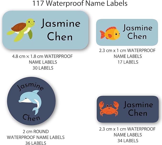 Personalized Kids Name Labels – Waterproof Custom Stickers for Daycare & School, 117 Pack, Dishwasher & Laundry Safe (Tortoise)
