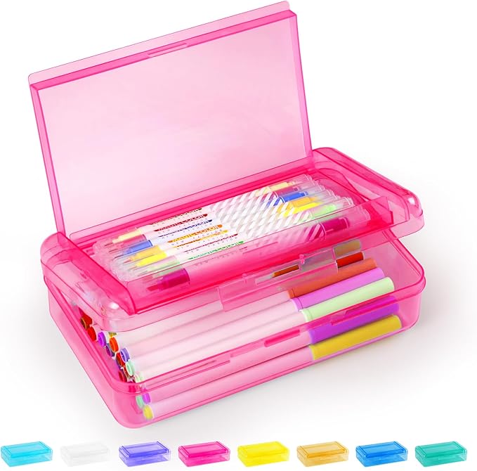 Sooez Double Layer Pencil Box, Large Hard Pencil Case Organizer, Clear Plastic Crayon Box for Girls and Boys, Colored Marker Organizer, Small Plastic Containers/Bins with Lids, Art Supply Storage