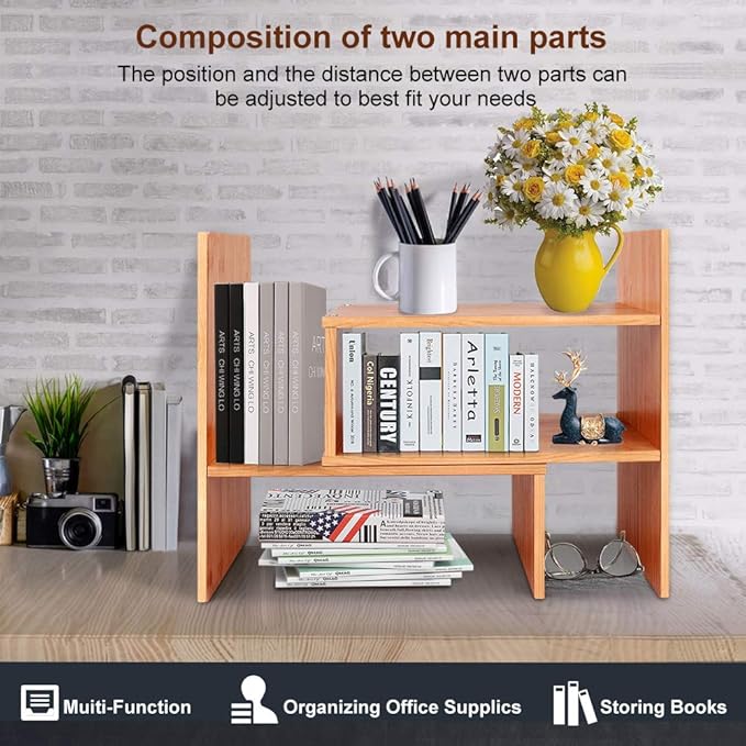 Sorfity Adjustable Desktop Bookshelf, Desk Organizer Display Shelf Counter Top Bookcase Free Style Display Shelf Rack Office Supplies Storage Shelf Book Multipurpose Bookshelf for Office Kitchen