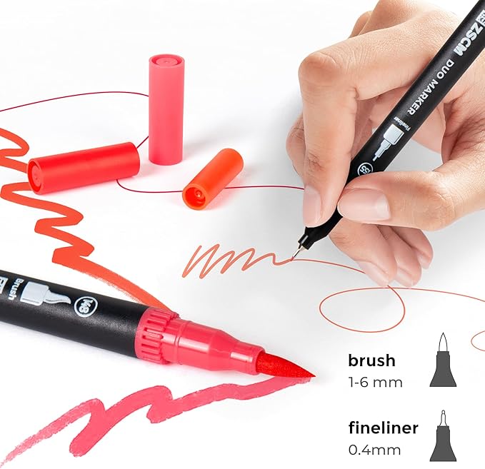 ZSCM Red Duo Tip Marker Pens, 12 Pack Fine & Brush Markers for Adult Coloring Books No Bleeding, Vibrant Red Markers for Holiday Cards, Bold Lettering, Attention-Grabbing Highlights and Logos