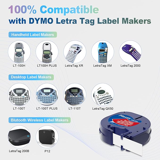 Colored Label Tape Replace for Dymo Letratag Refills Clear/Yellow/Red/Blue/Green/White Compatible for Dymo Label Maker Refills 12mm for LT-200B 100H 100T PLUS, 6-PK Multi-Color Plastic Tape Set
