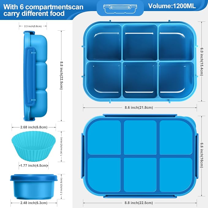 Amathley Lunch Box Kids Girls Boys,Bento Box Adult,Toddler Lunch Containers for School,Leakproof Snack Containers with 6 Compartments,Sauce Container,10 Food Picks and 4 Muffin Cups (Blue)