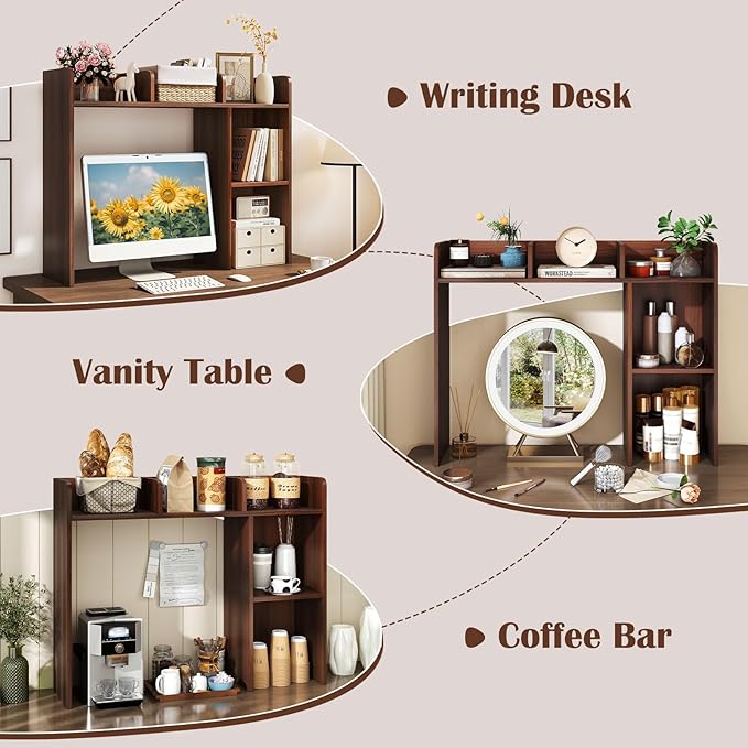 Giantex Desktop Bookshelf, Wood Desk Hutch Organizer for 27 Inch Computer Monitor, Countertop Storage Display Rack with 5 Shelves, Multipurpose Desktop Shelf Bookcase for Dorm Office Home, Walnut