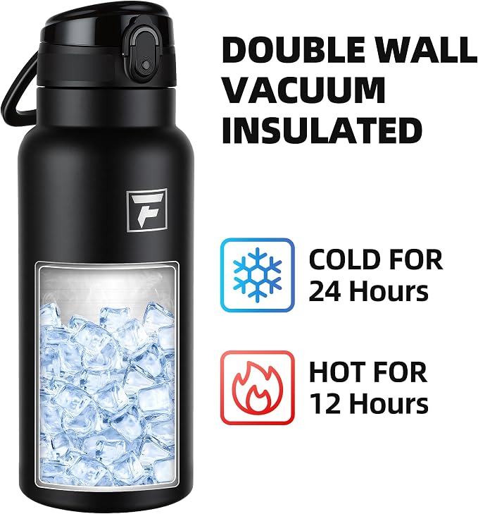 Fanhaw 32 Oz Insulated Stainless Steel Water Bottle with Chug Lid – Wide Mouth, Leak-Proof, BPA-Free – Ideal for Kids, Adults, Sports, Gym, and Outdoor Use (Black)
