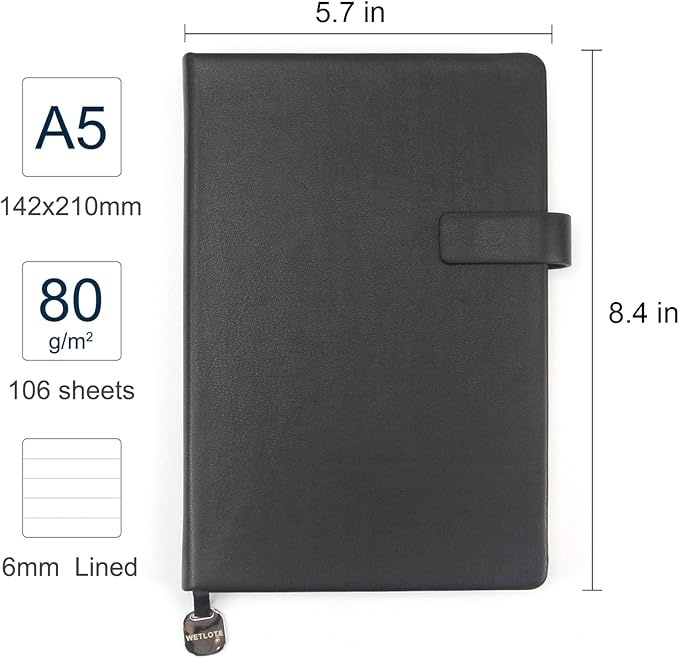 A5 Hard Cover Notebook with Pen Holder, Gold Edges & 180° Lay Flat - Large 5.7x8.4 Lined, Bookmark, Gift Box - Durable Journal for Office, Study, Travel - Writers, Students(Black)