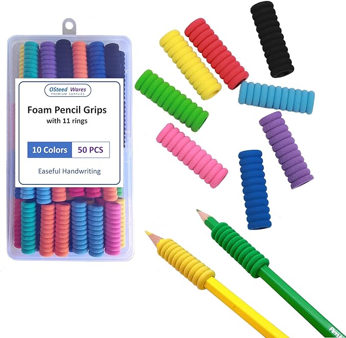 50 Pcs Foam Pencil Grips of 11 Rings for Kids and Adults Handwriting, 10 Colors Pencil Holder Grippers for Relieving Fingers, Mechanical Pencil Holder Cushion