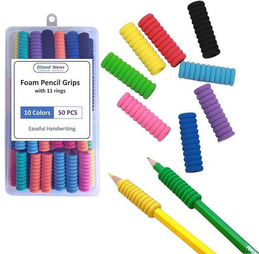 50 Pcs Foam Pencil Grips of 11 Rings for Kids and Adults Handwriting, 10 Colors Pencil Holder Grippers for Relieving Fingers, Mechanical Pencil Holder Cushion