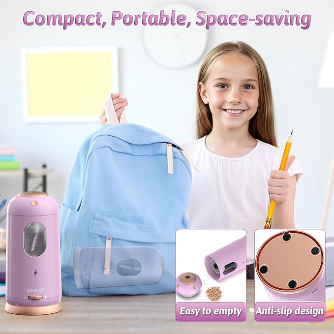 AFMAT Electric Pencil Sharpener, Auto in & Out, Fully Automatic Pencil Sharpener, Rechargeable Hands-Free Sharpeners for Jumbo & Colored Pencils (7-11.5mm), Good for Classroom/Home PSC8(Light Purple)