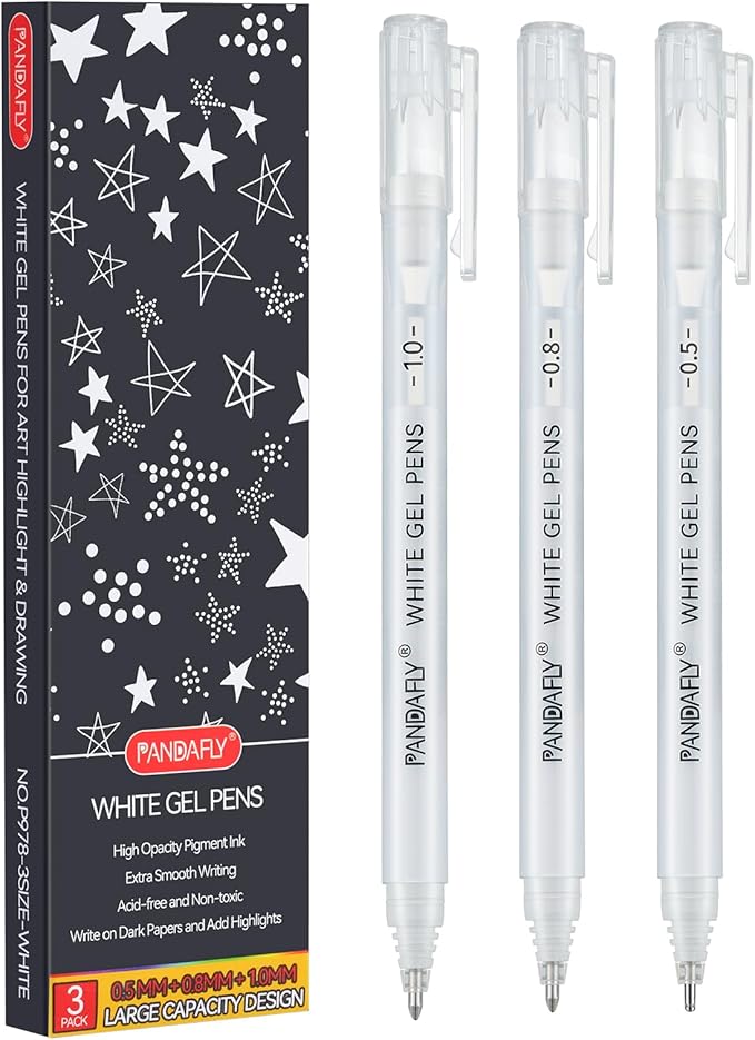PANDAFLY White Gel Pens, 0.5/0.8/1.0mm Assorted Fine Medium Bold Tips, Opaque Archival White Ink Pens for Black Paper, Art Drawing, Journaling, Highlighting, DIY Crafts, Holiday Gifts, 3 Pack