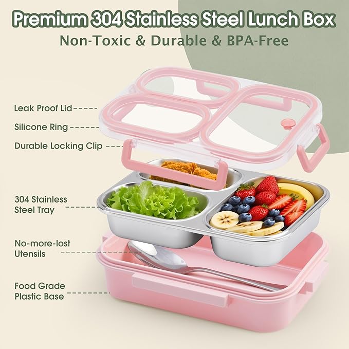 Kabbas Stainless Steel Bento Box Kids & Adults - 25 oz Leakproof Lunch Box with 3 Compartments, Premium 304 Stainless Steel Lunch Box for Kids, Dishwasher Safe, Suitable for School, Office, Outside