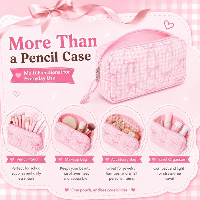 LEDAOU Cute Pencil Case for Kids Girls Boys Pencil Pouch kawaii Pen Pencil Box Bag Holder for School Students (Corduroy Pink Bow Checkered)