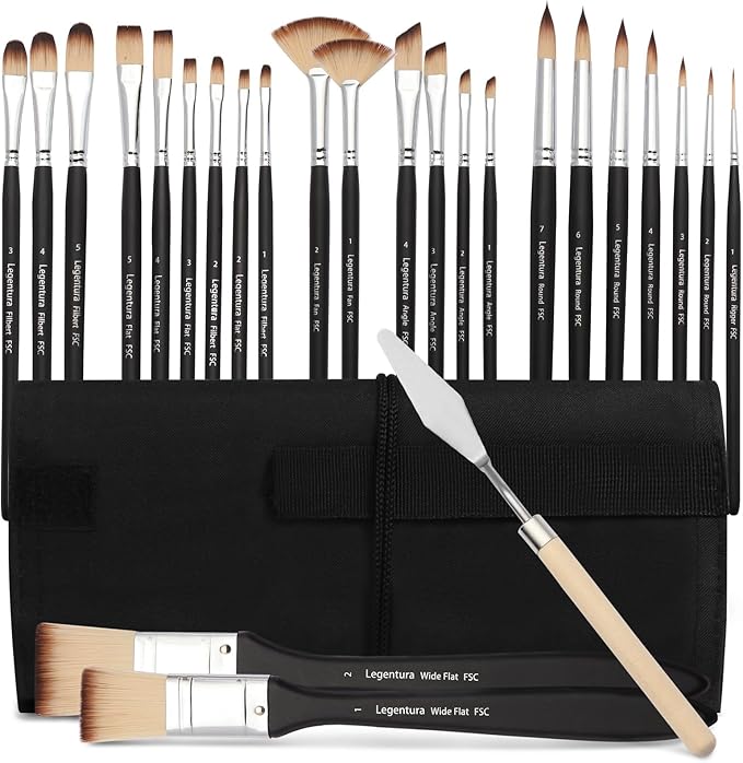 25 PCS Paint Brush Set for Acrylic, Oil & Watercolor, Artist Brush Kit with Flat, Filbert, Fan, Round, Liner, Dagger & Angle Brushes, Synthetic Bristles, Roll-Up Case