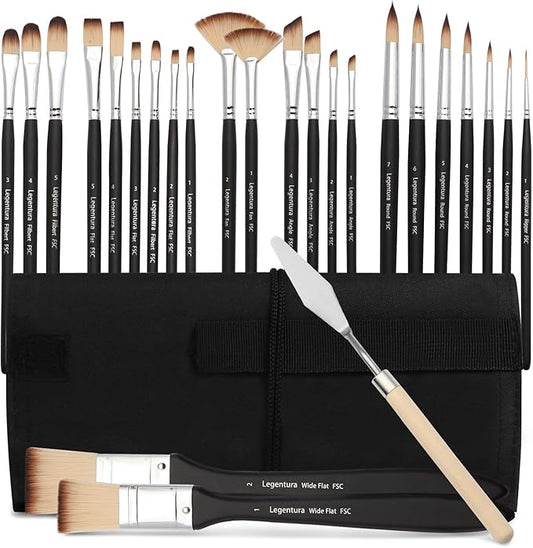25 PCS Paint Brush Set for Acrylic, Oil & Watercolor, Artist Brush Kit with Flat, Filbert, Fan, Round, Liner, Dagger & Angle Brushes, Synthetic Bristles, Roll-Up Case