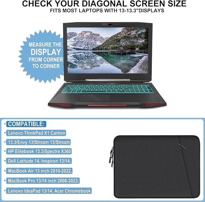 Laptop Sleeve Case 13.3 inch, Shockproof Protective Computer Cover with Accessories Pocket, Portable Laptop Bag Compatible with MacBook Air/Pro 13-13.3 inch, Compatible for MacBook Pro 14 inch, Black | Shockproof, Black