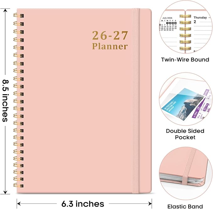 Planner 2026-2027, 6.3" x 8.5" Weekly and Monthly Academic Year Planner Calendar, July 2026 - June 2027, Hardcover Large School Planning Agenda With Tabs, Perfect for School & Office Supplies, A5, Pink