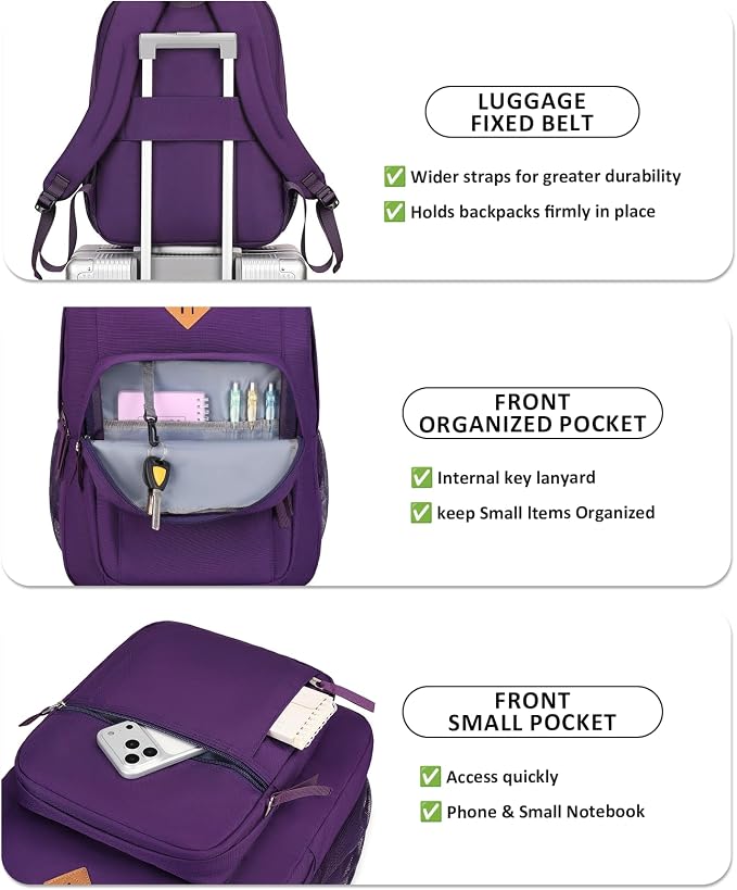 abshoo Girls Solid Color Backpack For College Women Water Resistant Large School Bag (Purple)