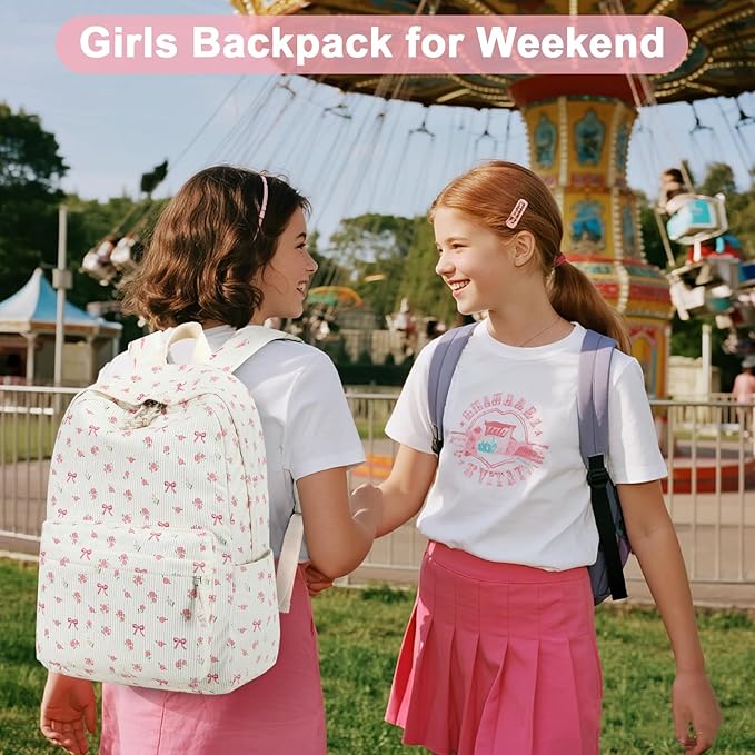 BTOOP School Backpack for Girls Teens Large Corduroy Bookbag Lightweight 15.6 inch Laptop Bag for Women Casual High School College (Pink Bow Floral)