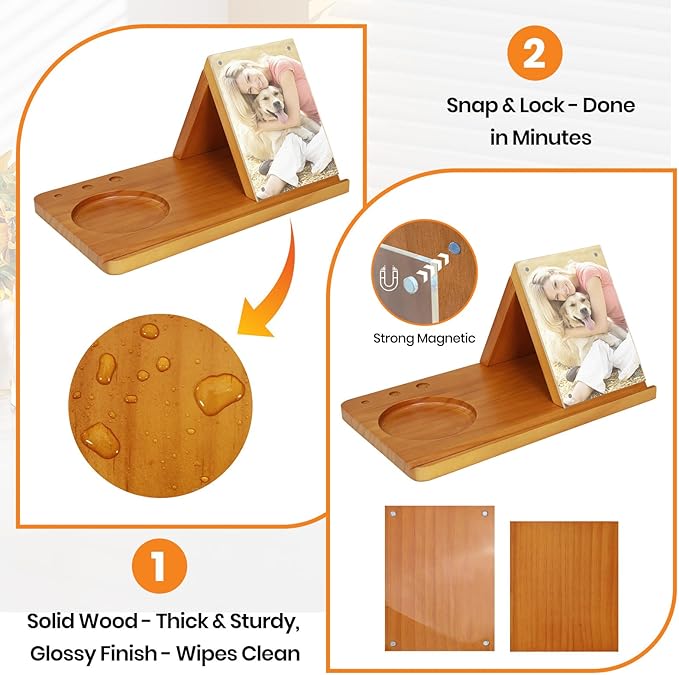 Wooden Triangle Book Stand with Cup Holder 4"x6" Acrylic Picture Frame for Family Frame - Multifunctional Reading Valet Book Rest for Desk, Birthday&Mothers Day Gift for Reader and Book Lovers